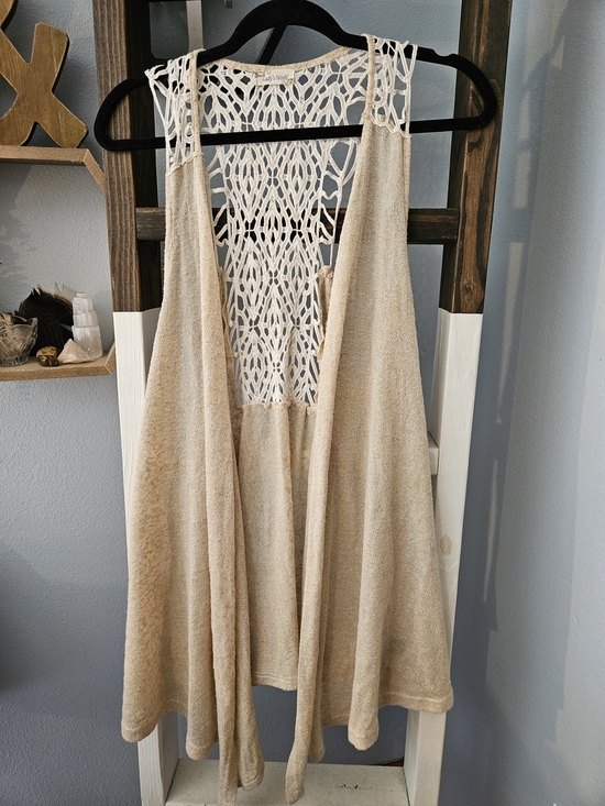 Sweaters - Beige Crochet Back Open Front Duster Vest Size L-XL